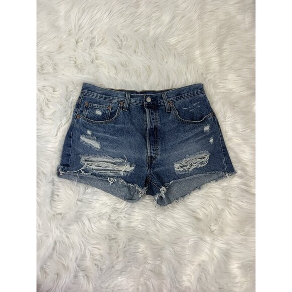 LEVI'S 501 ORIGINAL Womens Size 32 Distressed Denim Cut Off Shorts Raw Hem - Picture 2 of 11